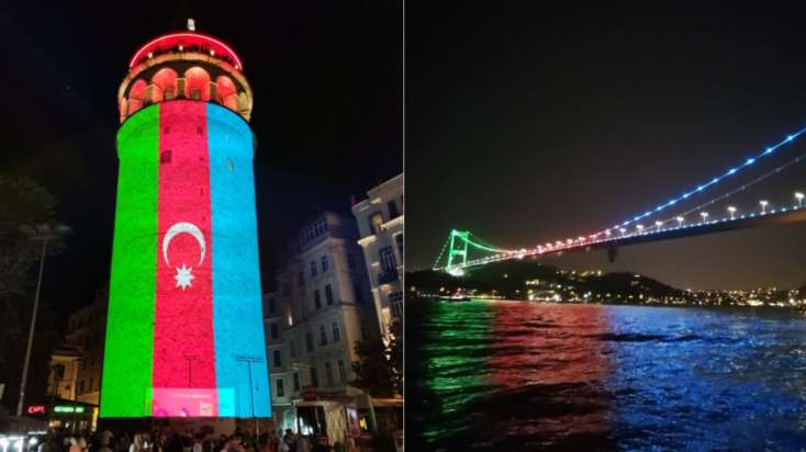 İstanbulun rəmzləri bayrağımızın rənglərinə büründü - FOTO