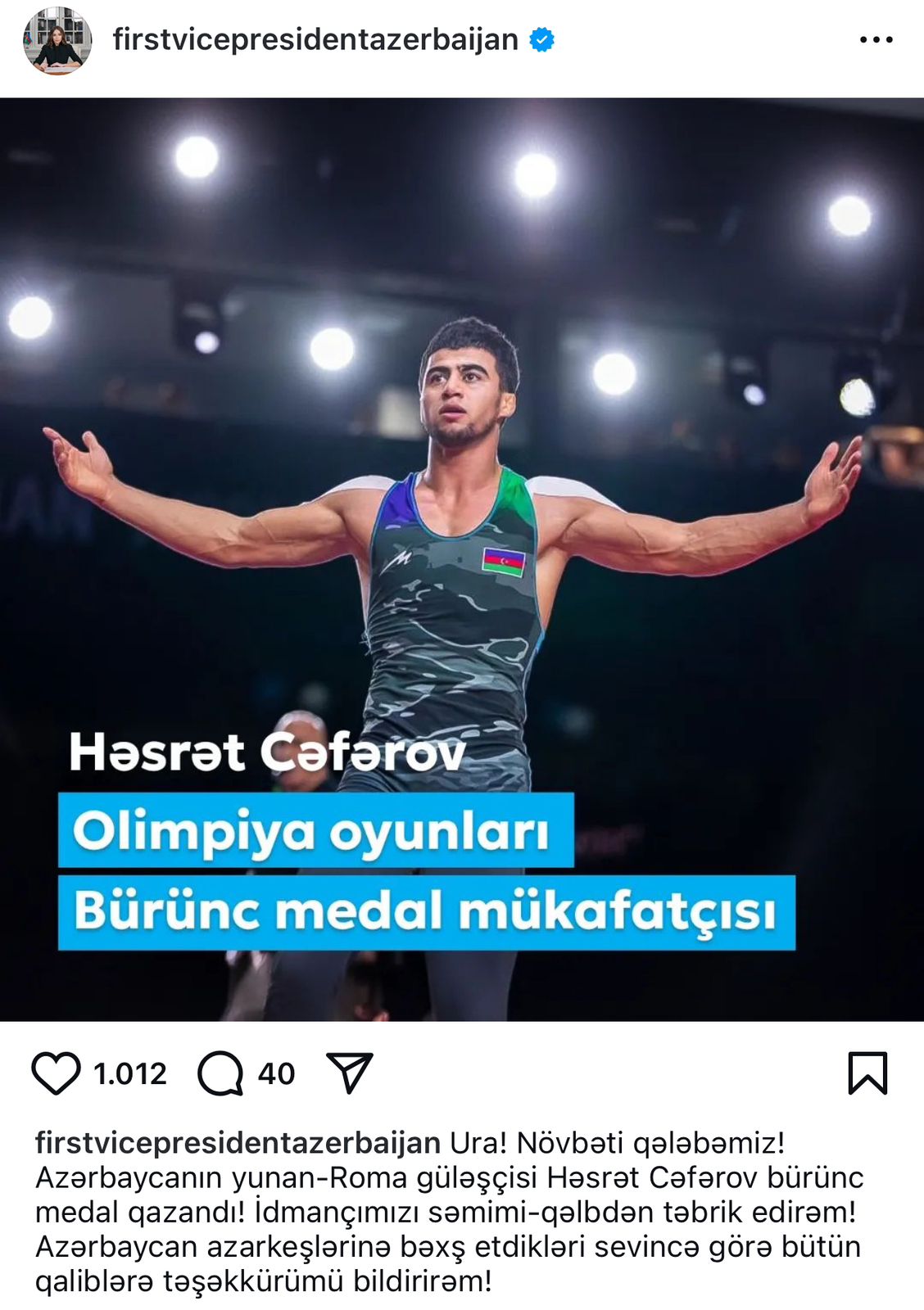 Birinci vitse-prezident Mehriban Əliyeva Həsrət Cəfərovun Olimpiya Oyunlarının bürünc medal mükafatçısı olması ilə bağlı paylaşım edib